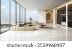 Blurred background of modern minimalist living room showcases luxury design with white marble floors, large windows, and spacious interiors, offering a serene city view.