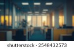 Blurred background of a modern office interior bathed in warm sunlight, highlighting the serene work environment with plants and organized desks for optimal productivity.