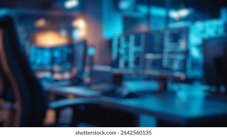 Blurred background of modern office workspace with dual monitors displaying code and data analysis in a high-tech environment, perfect for technology and cybersecurity concepts