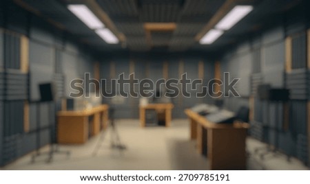 Blurred background of modern recording studio interior with acoustic panels, mixing equipment, and workstations in a soundproof environment for music production