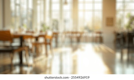 Blurred background of a modern restaurant interior featuring spacious, sunlit tables, warm wooden furnishings, and lush greenery, creating a serene and inviting dining environment.