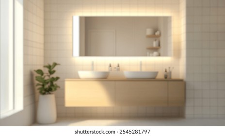 Blurred background of modern scandinavian bathroom featuring a minimalist design with dual sinks, a sleek mirror, and natural light. ideal for elegant and serene interiors. - Powered by Shutterstock