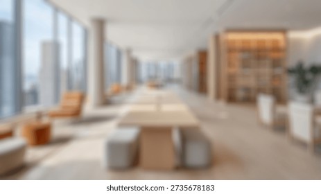 Blurred background of modern and spacious interior design of a luxurious office workspace with city views, stylish furniture, and abundant natural light in a high-rise building