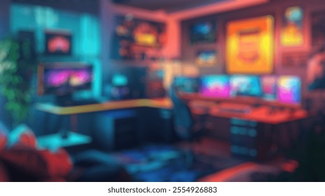 Blurred background of modern stylish home office setup with dual monitors, ambient lighting, indoor plants, and gaming accessories for creative work and gaming vibes - Powered by Shutterstock