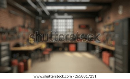 Blurred background of modern workshop interior featuring organized tools, brick walls, and a spacious layout, ideal for various diy projects and creative endeavors.