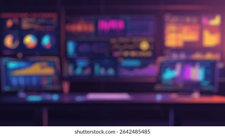 Blurred background of a modern workspace featuring multiple monitors with vibrant data visualizations and analysis tools, perfect for professionals in business and technology strategies.