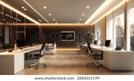Blurred background of modern workspace featuring sleek modular workstations with contemporary design elements and vibrant lighting that enhances productivity and creativity.