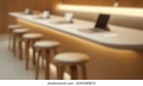 Blurred background of a modern workspace showcasing minimalist design with sleek laptops on a stylish wooden table and comfortable stools, creating an inviting and productive atmosphere. - Powered by Shutterstock