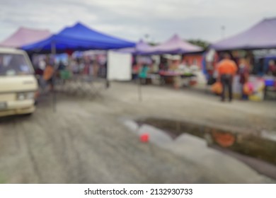 Blurred Background : People Shopping At Market Fair In Sunny Day, Blur Background With Bokeh.