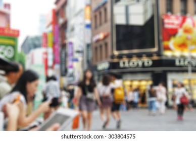 Blurred Background - People Using Technology On Myeongdong Shopping Street In Seoul City, South Korea