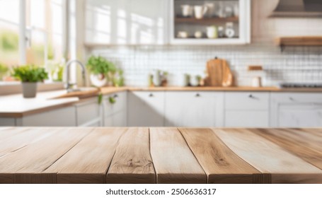 Blurred background of the photo. A modern kitchen interior with a wooden table. - Powered by Shutterstock