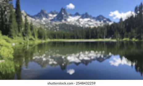 Blurred background of a pristine alpine lake reflects towering snow-capped peaks under a clear blue sky. surrounded by lush greenery, this serene landscape captures the essence of wilderness. - Powered by Shutterstock