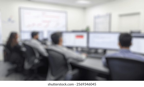 Blurred background of professional team collaborates in a modern office environment, analyzing data on multiple screens to support strategic business decisions and financial success. - Powered by Shutterstock