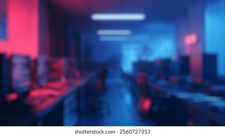 Blurred background of a quiet modern office space at night with neon lights, high-tech equipment, and empty workstations, highlighting a futuristic ambiance. - Powered by Shutterstock