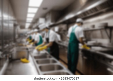 Blurred background a restaurant kitchen worker is working washing dishes after being used by customers.