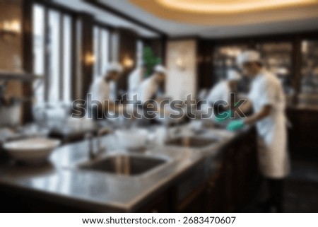 Blurred background a restaurant kitchen worker is working washing dishes after being used by customers.
