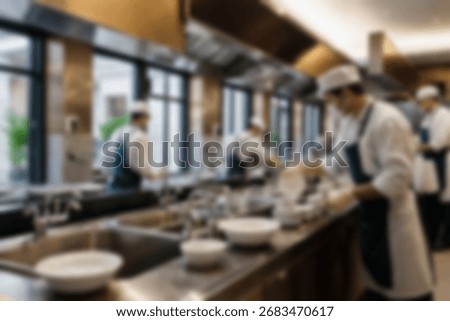 Blurred background a restaurant kitchen worker is working washing dishes after being used by customers.