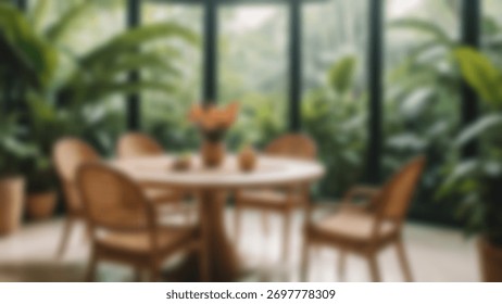 Blurred background of A round dining table with woven chairs, tropical indoor garden background, morning, natural bright light.