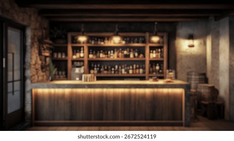 Blurred background of rustic bar interior showcasing wooden features and warm lighting. the inviting space combines elegant design with cozy atmosphere, ideal for gatherings.