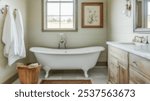 Blurred background of rustic farmhouse bathroom features a vintage tub and natural wood details, creating a cozy and inviting atmosphere perfect for relaxation.