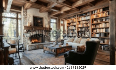 Blurred background of rustic home library featuring a cozy fireplace and elegant decor. ideal for readers seeking comfort in a warm, inviting atmosphere with natural light.