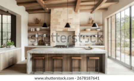 Blurred background of rustic modern kitchen featuring an open layout with natural light, wooden beams, stone elements, and a cozy, inviting atmosphere ideal for cooking and entertaining.