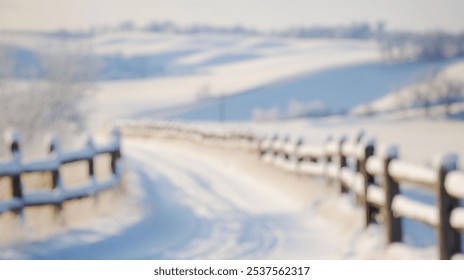 Blurred background of a rustic wooden fence blanketed in snow leads through a serene winter landscape, creating a tranquil pathway amid rolling hills under soft daylight. - Powered by Shutterstock