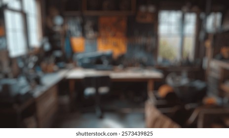 Blurred background of rustic workshop with hand tools, sewing machine and natural light streaming through windows, perfect for craftsmanship and diy projects