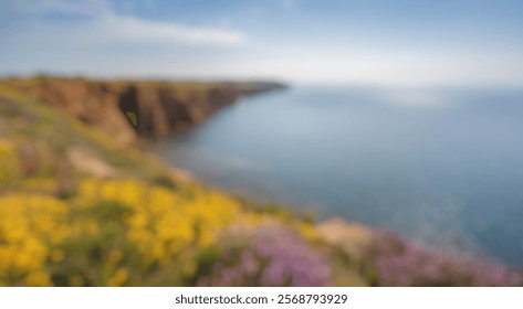 Blurred Background of Scenic Coastal View with Vibrant Wildflowers and Calm Ocean Under Clear Blue Sky. Blurry Background For Design Projects. - Powered by Shutterstock