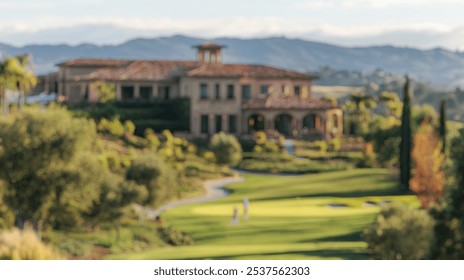 Blurred background of a scenic view showcasing a luxurious golf course with a beautiful clubhouse nestled against a backdrop of rolling hills, inviting tranquility and leisure. - Powered by Shutterstock