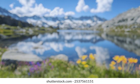 Blurred background of a serene alpine lake reflects the stunning snow-capped mountains under a vibrant blue sky, framed by colorful seasonal flowers, creating a peaceful retreat. - Powered by Shutterstock