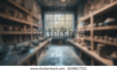 Blurred background of the serene atmosphere of a rustic pottery studio filled with handmade ceramics, showcasing natural light through large windows and wooden shelves.