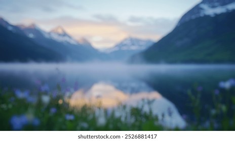 Blurred background of serene beauty of an alpine lake in glacier national park, where still waters reflect majestic mountains and vibrant wildflowers abound. - Powered by Shutterstock