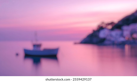 Blurred Background of Serene Coastal Landscape at Dusk with Fishing Boat and Vibrant Pink Sky Reflection on Calm Waters. Blurry Background For Design Projects. - Powered by Shutterstock