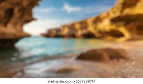 Blurred Background of Serene Coastal Landscape with Rock Formations and Calm Waters Under Clear Sky at Sunset. Blurry Background For Design Projects. - Powered by Shutterstock