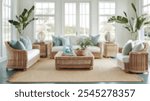 Blurred background of serene coastal living room featuring natural decor, wicker furniture, and bright light. ideal for a relaxed and inviting ambiance in your home.