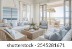 Blurred background of a serene coastal living room showcasing soft blue and white tones, with wicker furniture and a view of the beach. perfect for a relaxing coastal retreat.