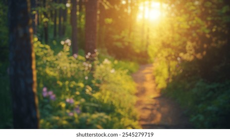 Blurred background of a serene forest path bathed in warm golden sunlight during the golden hour, showcasing lush greenery and blooming flowers, perfect for nature lovers. - Powered by Shutterstock