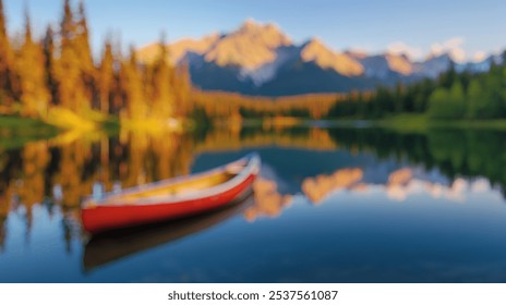 Blurred background of a serene lake bordered by fir trees and majestic mountains at sunset. a red canoe floats peacefully, reflecting the stunning natural beauty around. - Powered by Shutterstock