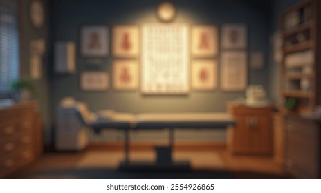 Blurred background of a serene medical examination room featuring anatomical art, modern furnishings, and ample lighting designed to stimulate a sense of health, professionalism, and comfort. - Powered by Shutterstock