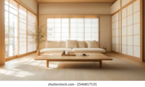 Blurred background of serene and minimalist japanese living room with low wooden furniture, ample natural light, and a calming atmosphere, perfect for relaxation and simplicity. - Powered by Shutterstock