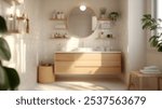 Blurred background of a serene and modern scandinavian bathroom featuring natural wood elements, minimal decor, and a bright, airy atmosphere, perfect for relaxation and style.