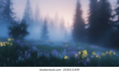 Blurred background of a serene morning scene featuring a misty forest at dawn, with large evergreen trees shrouded in fog. the enchanting atmosphere captures the beauty and tranquility of nature. - Powered by Shutterstock