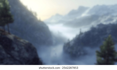 Blurred background of a serene morning view of a misty mountain pass at dawn, where fog gracefully rolls between the peaks, creating a tranquil and ethereal landscape. - Powered by Shutterstock