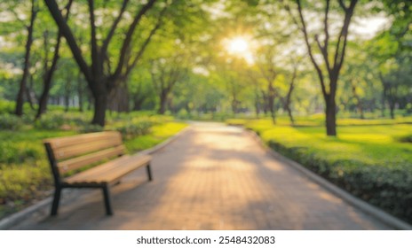 Blurred background of a serene park pathway surrounded by lush greenery and trees, perfect for running or leisurely strolls. a wooden bench invites relaxation in this tranquil setting. - Powered by Shutterstock