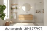 Blurred background of serene scandinavian bathroom interior featuring natural wood accents, bright lighting, and minimalist design elements for a contemporary oasis.