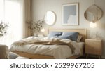 Blurred background of a serene scandinavian bedroom featuring soft lighting and minimalist decor. the light wood furnishings and neutral tones create a warm and inviting atmosphere