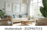 Blurred background of serene scandinavian living room featuring light wooden furniture, soft accents, and lush greenery, creating a cozy and inviting atmosphere.