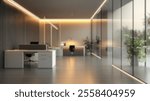 Blurred background of a serene and stylish minimalist coworking space featuring sleek white desks, black furniture, and natural elements like plants, ideal for productivity and creativity.