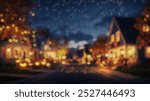 Blurred background of a serene suburban street at nighttime, filled with warm lights and festive autumn decorations. the peaceful scene captures the charm of a cozy neighborhood under a starry sky.